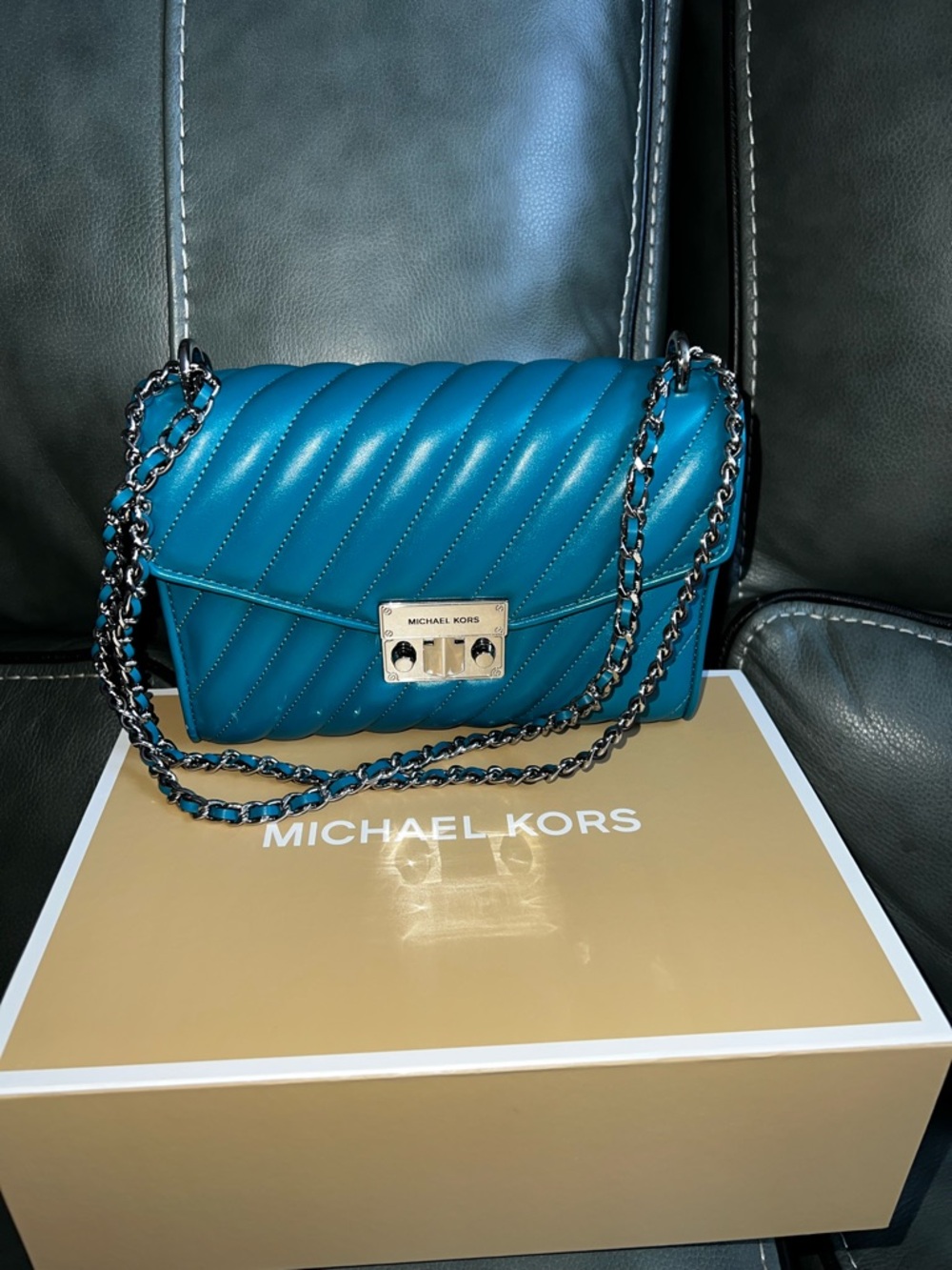 Michael Kors Teal Quilted Leather Crossbody with Chain Strap